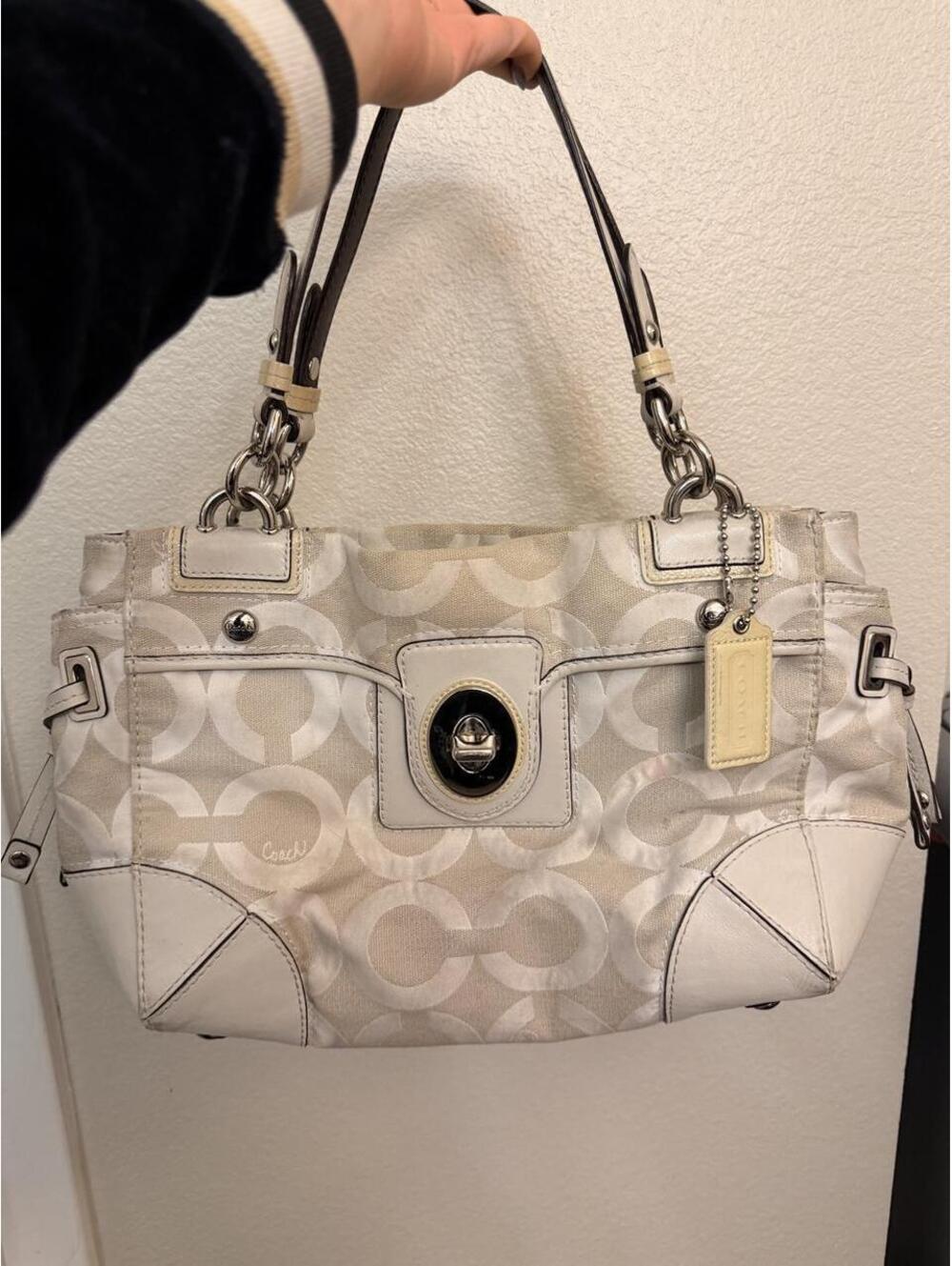 Vintage Coach White & Cream Handbag with Repeating Beige C Logo Pattern